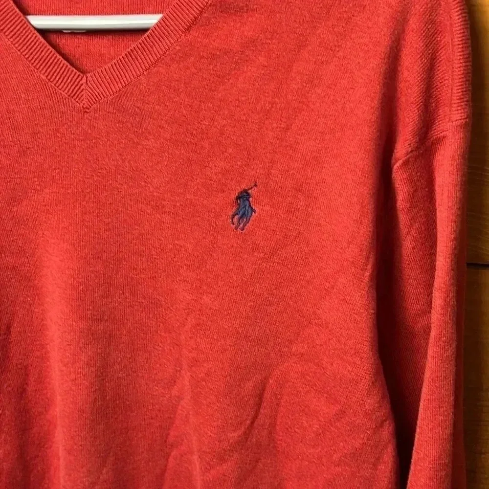 Polo‎ Ralph Lauren Men Red Pima Cotton V-Neck Sweater L LS Embroidered Pony Fall
